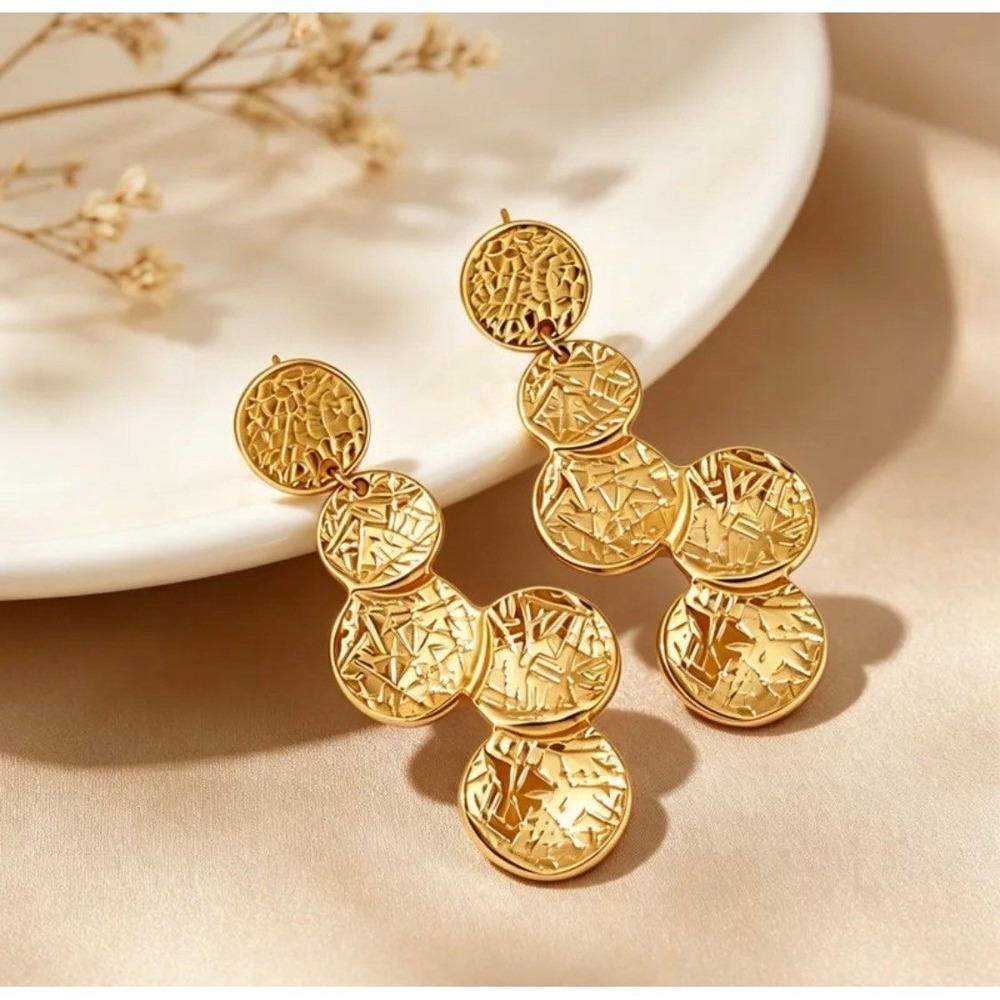 18K Gold Plated Hammered Disc Statement Earrings Stainless Steel Dangle